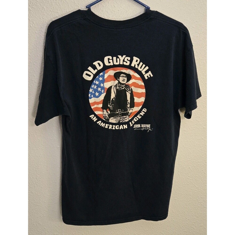 Old Guys Rule Men's John Wayne Tshirt Navy Blue American Flag Front Back Print